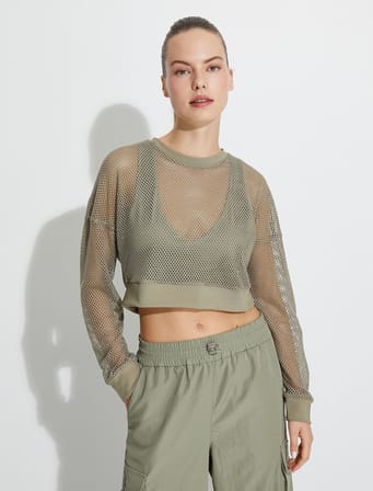 Fileli Crop Spor Tişört Uzun Kollu Bisiklet Yaka 