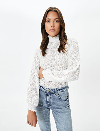 Dantelli Bluz Dik Yaka Gipeli Fırfırlı 