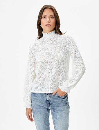 Dantelli Bluz Dik Yaka Gipeli Fırfırlı 