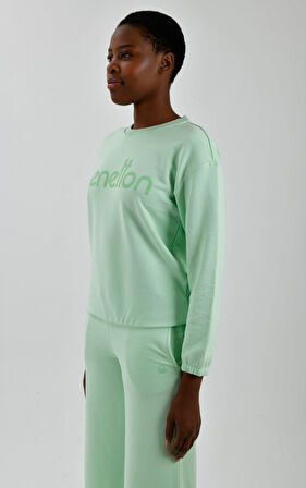 Kadın Önü Logo Baskılı Bisiklet Yaka Sweatshirt