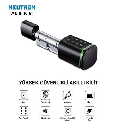 NEUTRON NTL-SC-02FKPB Parmak izi, Anahtarlı, Tuşlu, Kartlı ve Uzaktan Kontrollü Akıllı Kapı Kilidi