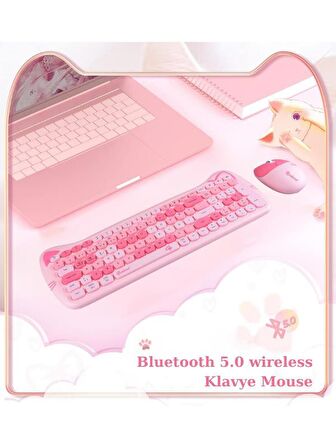 Sevimli Kedi Kablosuz Klavye ve Mouse Seti Bluetooth + 2.4G Dual Mode