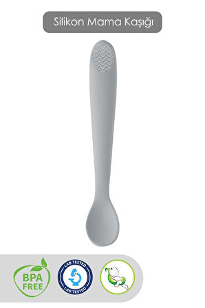 Diş Kaşıyıcı Bebek Mama Kaşığı - Silikon Mama Kaşığı Gri