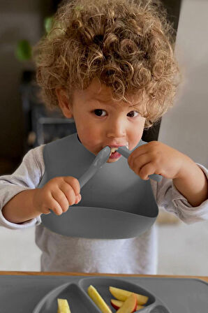 Diş Kaşıyıcı Bebek Mama Kaşığı - Silikon Mama Kaşığı Gri