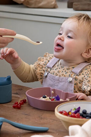2'li Diş Kaşıyıcı Bebek Mama Kaşığı - Silikon Mama Kaşığı - Yeşil, Bej