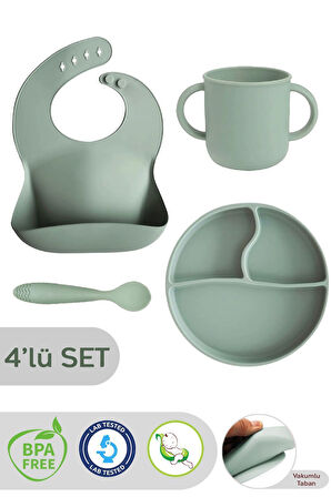 4'lü Silikon Beslenme Seti - Vakumlu Tabak, Önlük, Bardak, Diş Kaşıyıcı Kaşık - Yeşil