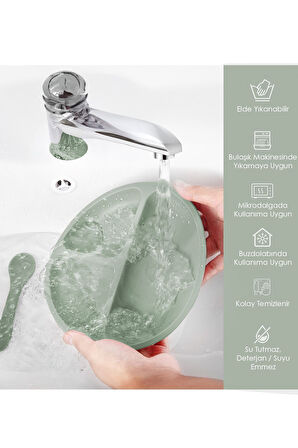 4'lü Silikon Beslenme Seti - Vakumlu Tabak, Önlük, Bardak, Diş Kaşıyıcı Kaşık - Yeşil