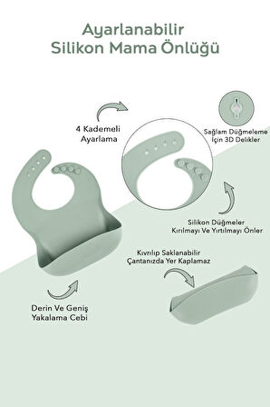 2'li Silikon Bebek Beslenme Seti - Vakumlu Tabak, Ayarlanabilir Silikon Mama Önlüğü, Yeşil