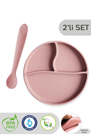 2'li Silikon Bebek Beslenme Seti - Vakumlu Tabak, Diş Kaşıyıcılı Silikon Kaşık - Pembe