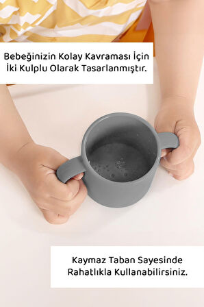 Kulplu Silikon Bebek Bardağı - Çift Kulplu Sililkon Bardak Gri