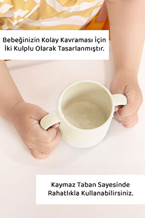 Kulplu Silikon Bebek Bardağı - Çift Kulplu Sililkon Bardak Bej