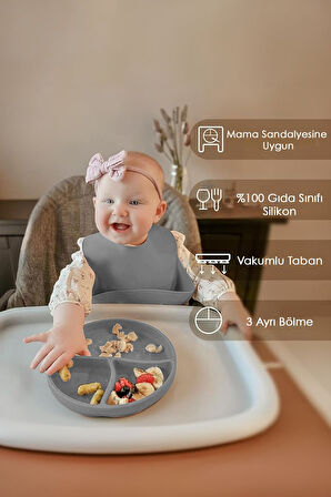 Vakumlu Silikon Bebek Mama Tabağı - Vakumlu Tabak Gri