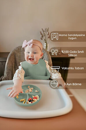 Vakum Tabanlı Bebek Silikon Mama Tabağı - Vakumlu Tabak Yeşil