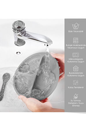 5'li Set Silikon Mama Önlüğü, Bardak, Vakumlu Tabak, Kaşık, Kule Aktivite Oyuncağı - Gri