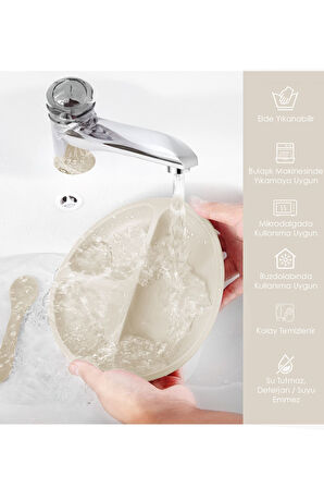 5'li Set Silikon Mama Önlüğü, Bardak, Vakumlu Tabak, Kaşık, Kule Aktivite Oyuncağı - Bej