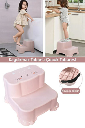 Kaydırmaz Çocuk Taburesi - Çift Basamaklı Banyo Lavabo Merdiven Yükseltici Bebek Basamağı Pembe
