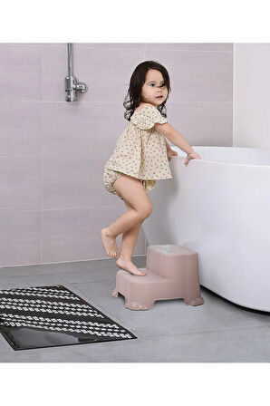 Kaydırmaz Çocuk Taburesi - Çift Basamaklı Banyo Lavabo Merdiven Yükseltici Bebek Basamağı Pembe