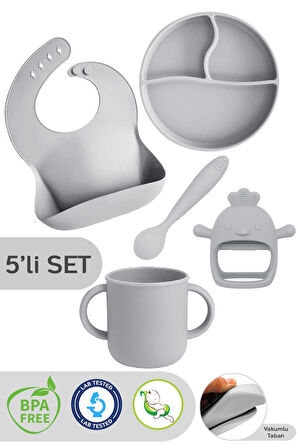 5'li Set Silikon Mama Önlüğü, Kulplu Bardak, Vakumlu Tabak, Mama Kaşığı, Diş Kaşıyıcı, Gri