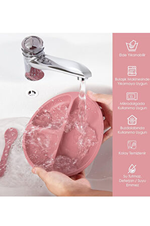 5'li Set Silikon Mama Önlüğü, Kulplu Bardak, Vakumlu Tabak, Mama Kaşığı,diş Kaşıyıcı,pembe