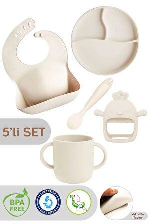 5'li Set Silikon Mama Önlüğü, Kulplu Bardak, Vakumlu Tabak, Mama Kaşığı, Diş Kaşıyıcı -bej