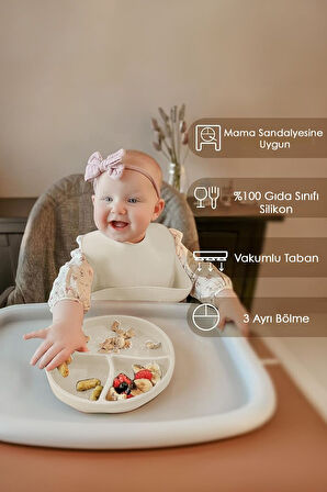5'li Set Silikon Mama Önlüğü, Kulplu Bardak, Vakumlu Tabak, Mama Kaşığı, Diş Kaşıyıcı -bej
