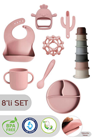 8'li Set Silikon Mama Önlüğü, Bardak, Vakumlu Tabak, Kaşık, Dişlik, Kule Oyuncağı - Pembe