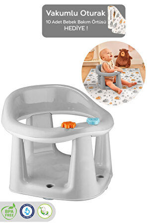 Vakum Tabanlı Bebek Mama Sandalye Oturağı Oyuncaklı Banyo Oturağı Alt Açma Örtüsü Hediyeli Gri