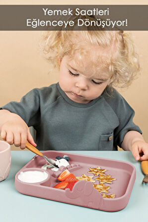 Silikon 3 Bölmeli Bebek Beslenme Tabağı ,silikon Tabak, Silikon Beslenme Aksesuarı - Pembe