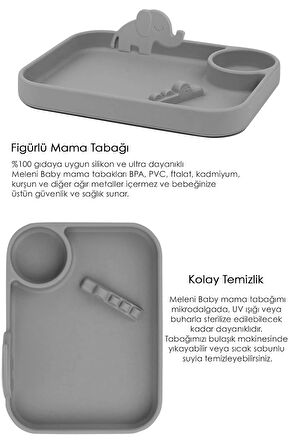 2'li Silikon Beslenme Seti - 3 Bölmeli Silikon Beslenme Tabağı, Diş Kaşıyıcı Özellikli Kaşık - Gri
