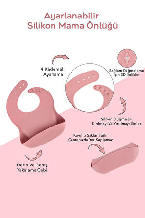 4'lü Silikon Beslenme Seti- 3 Bölmeli Beslenme Tabağı- Silikon Kaşık - Silikon Önlük- Bardak - Pembe