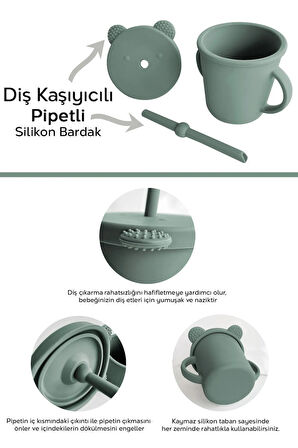Sızdırmaz Kapaklı , Silikon Pipetli Bebek Alıştırma Bardağı, Silikon Bebek Beslenme Bardağı-yeşil