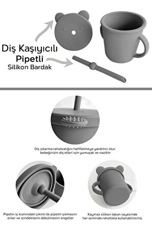 Sızdırmaz Kapaklı, Silikon Pipetli Bebek Alıştırma Bardağı, Silikon Bebek Beslenme Bardağı - Gri