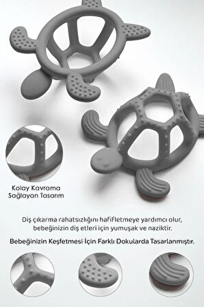 Kaplumbağa Figürlü Bebek Dişlik - Diş Kaşıyıcı Bebek Dişliği - Gri
