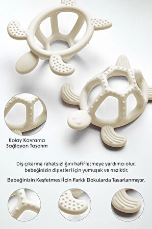 Kaplumbağa Figürlü Bebek Dişlik - Diş Kaşıyıcı Bebek Dişliği - Bej