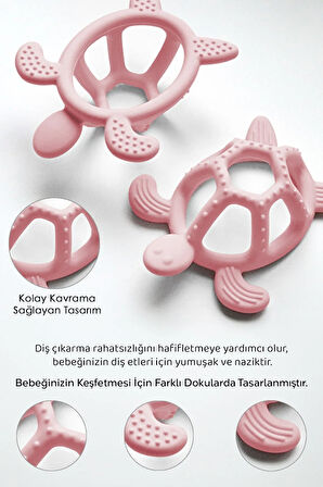 Kaplumbağa Figürlü Bebek Dişlik - Diş Kaşıyıcı Bebek Dişliği - Pembe