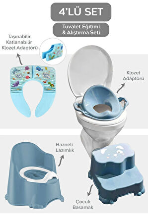 4 Parça Bebek Tuvalet Alıştırma Seti - Taşınabilir Klozet Adaptörü Ve Bebek Tuvalet Seti - Mavi