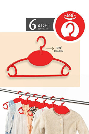 6 Adet Bebek Kıyafet Askısı - 360 Derece Dönebilen Plastik Çocuk Elbise Askısı - Kırmızı