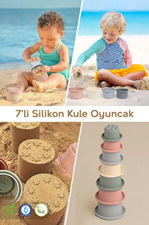 7'li Silikon Eğitici Kule Aktivite Oyuncak Seti - Çocuk Plaj Kum Oyun Kulesi - Bebek Plaj Oyuncağı