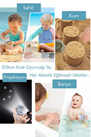 7'li Silikon Eğitici Kule Aktivite Oyuncak Seti - Çocuk Plaj Kum Oyun Kulesi - Bebek Plaj Oyuncağı