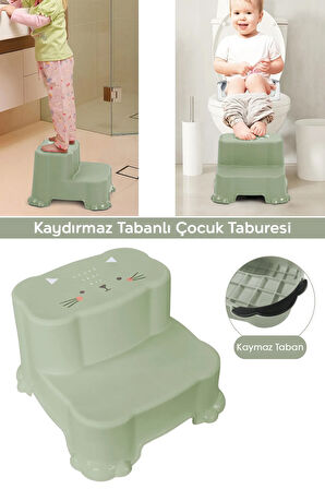 Kaydırmaz Çocuk Taburesi - Çift Basamaklı Banyo Lavabo Merdiven Yükseltici Bebek Basamağı Yeşil