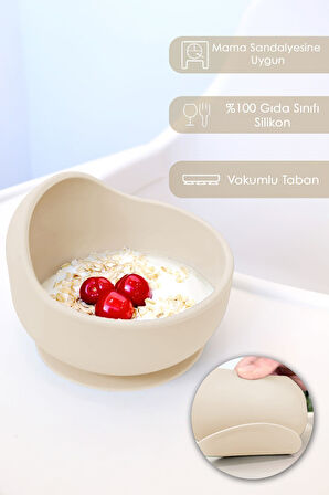 Vakum Tabanlı Bebek Mama Kasesi - Vakumlu Oval Silikon Kase - Bej