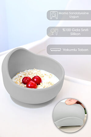 Vakum Tabanlı Bebek Mama Kasesi - Vakumlu Oval Silikon Kase - Gri
