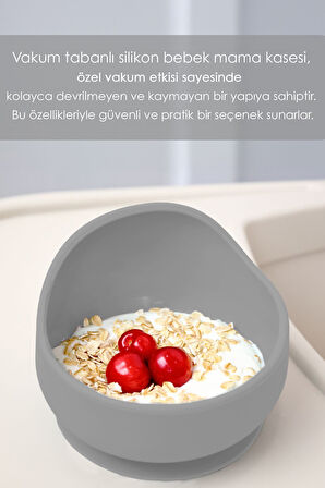 Vakum Tabanlı Bebek Mama Kasesi - Vakumlu Oval Silikon Kase - Gri
