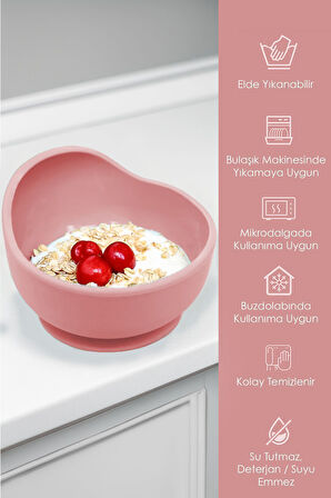 Vakum Tabanlı Bebek Mama Kasesi - Vakumlu Oval Silikon Kase - Pembe