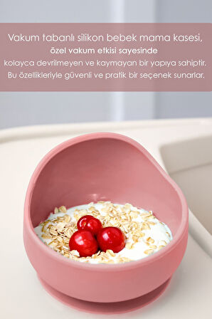 Vakum Tabanlı Bebek Mama Kasesi - Vakumlu Oval Silikon Kase - Pembe