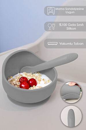 2'li Silikon Bebek Beslenme Seti - Vakumlu Mama Kasesi - Diş Kaşıyıcı Silikon Kaşık - Gri