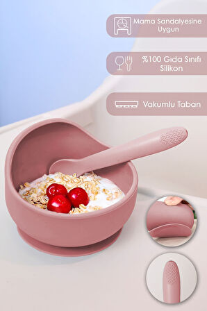 2'li Silikon Bebek Beslenme Seti - Vakumlu Mama Kasesi - Diş Kaşıyıcı Silikon Kaşık - Pembe