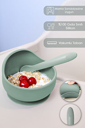 4'lü Silikon Beslenme Seti - Mama Önlüğü - Vakumlu Mama Kasesi - Pipetli Bardak - Kaşık - Yeşil