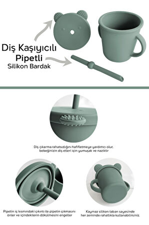 4'lü Silikon Beslenme Seti - Mama Önlüğü - Vakumlu Mama Kasesi - Pipetli Bardak - Kaşık - Yeşil