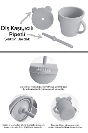 4'lü Silikon Beslenme Seti - Mama Önlüğü - Vakumlu Mama Kasesi - Pipetli Bardak - Kaşık - Gri